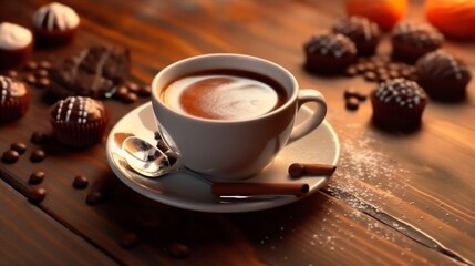 Poster - Generative AI : Cup coffee on brown wooden table with chocolates Sugar and cinnamon sprinkled on table Beautiful original art composition image Background template for menu of cafes and bars