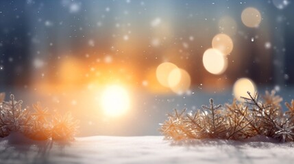 Aufkleber - Generative AI : Beautiful background image with small snowdrifts closeup and blurry holiday lights