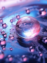 Poster - Generative AI : Beautiful clean transparent bright drop of water on smooth surface in blue and pink colors macro Creative image of beauty of environment and nature