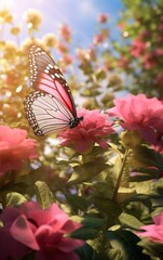 Poster - Generative AI : Beautiful atmospheric depiction of hydrangea flowers and yellow butterfly sitting on pink flower and illuminated by soft rays of sun in nature