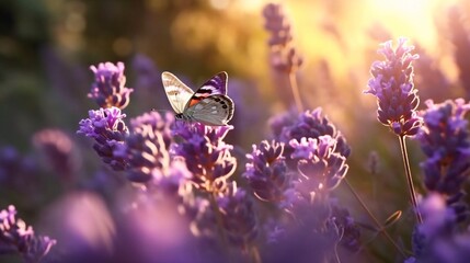 Poster - Generative AI : Amazing beautiful colorful natural scenery Lavender flowers and two butterfly in rays of summer sunlight in spring outdoors on nature macro soft focus Atmospheric photo gentle artistic