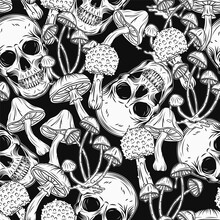 Pattern With Human Skull, Mushrooms. Concept Of Madness And Craziness. Surreal Illustration For Groovy, Hippie, Mystical, Psychedelic Design. Black Background