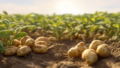 Wall Mural - Generative AI : A pile of tubers of beautiful young potatoes on the ground closeup