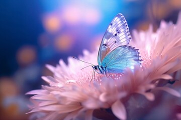 Poster - Generative AI : A gentle blue butterfly on a fluffy pink flower in nature in soft pastel colors with a soft focus macro Dreamy romantic elegant art image of living nature