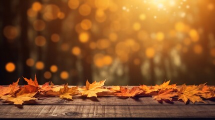 Poster - Generative AI : Beautiful autumn nature background with carpet of orange and yellow fallen maple leaves in sunlight Autumn landscape with blurry defocused forest in background