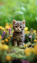 Poster - Generative AI : Cute fluffy kitten looks through yellow flowers in garden among greenery Small striped kitten in nature outdoors Soft selective focusing