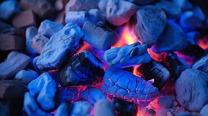 Leinwandbilder - Generative AI : Beautiful fire in the fireplace or campfire with hot coals closeup macro Languages spurts of blue flame on embers