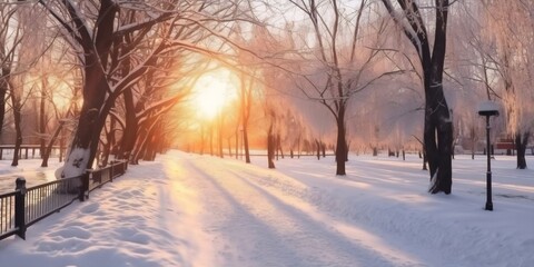 Aufkleber - Generative AI : Beautiful natiral landscape of morning snowy city park with frosted trees benches and a frozen blue ice pond