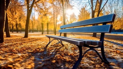Poster - Generative AI : A beautiful autumn park with golden leaves of trees and a bench in the rays of sunlight Natural autumn background