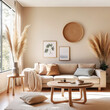 Beige fabric sofa against window. Boho home interior design of modern living room.