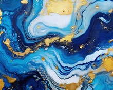 Generative AI : Beautiful Abstract ART Background Random Free Mixing Of Paints In Technique Of Liquid Acrylic And Gold Powder Artistic Image Aerial View Island In Ocean In Blue Golden Tones