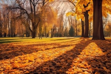 Poster - Generative AI : Beautiful autumn background landscape Carpet of fallen orange autumn leaves in park and blue umbrella Leaves fly in wind in sunlight Concept of Golden autumn