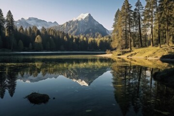 Wall Mural - Generative AI : Amazingly beautiful summertime landscape with a mountain lake with emerald water surrounded by coniferous forests and majestic mountains