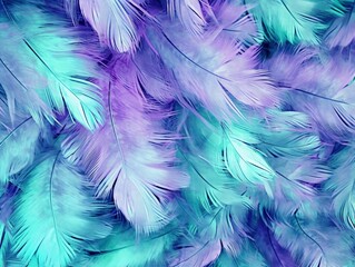 Leinwandbilder - Generative AI : Beautiful airy gentle natural background with turquoise and purple feathers macro