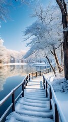 Aufkleber - Generative AI : Beautiful natiral landscape of morning snowy city park with frosted trees benches and a frozen blue ice pond