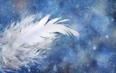 Poster - Generative AI : Creative Concept for Christmas and New Year Beautiful Christmas tree of feathers on blue and white ice background under snowfall Beautiful delicate gentle elegant artistic image Templa