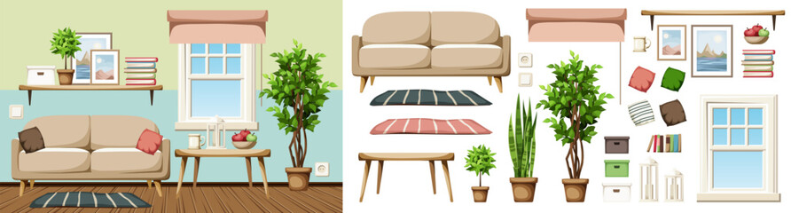 Wall Mural - Cozy living room interior design with half-painted walls, a sofa, and a big ficus tree. Furniture set. Interior constructor. Cartoon vector illustration