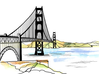 Wall Mural - Golden Gate Bridge. San Francisco, USA. Hand drawn line sketch. Ink drawing. Black and white vector illustration on background watercolour. For postcards.	