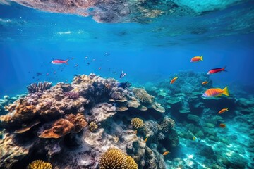 Wall Mural - Fish swimming in coral reef under deep blue sea and amazing view of undersea.