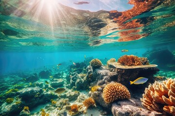 Wall Mural - Fish swimming in coral reef under deep blue sea and amazing view of undersea.