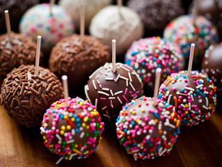 Wall Mural - Delicious cake pops decorated with frosting chocolate and sprinkles. Ai generated	