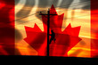 Lineman Climbing in Sunset with Waving Canadian Flag