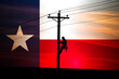 Lineman Climbing with Metallic Texas Flag and Sunset