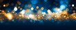 Abstract background - shiny gold with defocused lights in the night, garland lights, bokeh on dark blue background. ai generation
