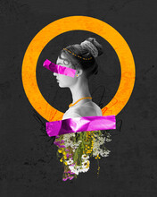 Profile Portrait Of Young Beautiful Woman, Royal Person, Princess Over Dark Background With Abstract Elements. Contemporary Art Collage. Concept Of Eras Comparison, Creativity, Fashion, History