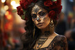 Mexican woman with a skull mask on Day of the Dead