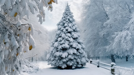 Wall Mural - Outdoor Christmas tree and Christmas gifts with snow