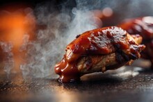 Street Food, Grilled Meat With Barbecue Sauce. Foggy Night Wet Street, Shallow Depth Of Field, Blurred Background. Generative AI