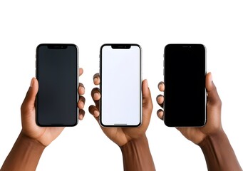 Close up of human hands holding smartphones with blank screen isolated on white background ai generated