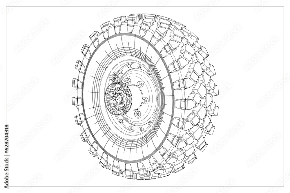 3D design of a wheel hub and automotive suspension with exploded view.