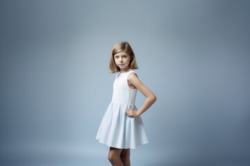 Canvas Print - Portrait of a fictional elegant cute young girl wearing a white sundress isolated on a light blue background. Generative AI.