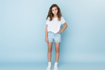 portrait of a fictional elegant cute young girl wearing a white blank t-shirt and jeans short. isola