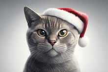 British Shorthair Fluffy Cat In Santa Hat Christmas Portrait.