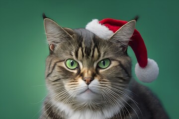 christmas cat portrait in santa hat on green background.