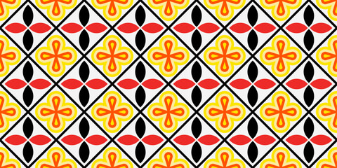 Poster - Yellow-red rhombus pattern. Vector. Seamless.
Design for textile, fabric, clothing, curtain, rug, batik, ornament, background, wrapping.