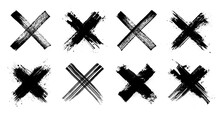 X Black Mark Set In Grunge Style. Hand Drawn Crossed Brush Strokes. Crosshairs Symbols In Brush Style With Black Ink Splashes. Cross Sign Graphic Symbol. Vector X Mark Set, Grunge Graphic Collection