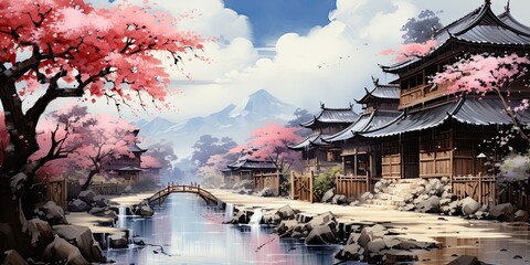 Wall Mural - illustration of vintage old Japanese town, generative AI