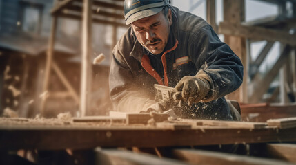 Wall Mural - A carpenter hammers nails into a wooden frame in the middle of a busy construction zone