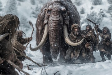 group of neanderthal cavemen hunting a mammoth on winter, snow and cold climate, stone age humans