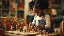 Black Skin Child Playing With Educational Toy In Nursery. Adorable Toddler Baby Playing With Educational Wooden Toy At Home, Smiling, Sitting On Carpet
