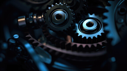 Close-up of metallic gears and auto parts. A stunning macro photograph of automotive gears, showcasing their metallic texture and precision, artfully lit with dramatic contrasting lights