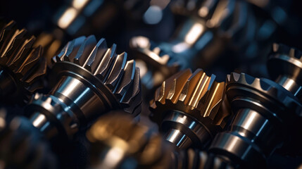 Close-up of metallic gears and auto parts. A stunning macro photograph of automotive gears, showcasing their metallic texture and precision, artfully lit with dramatic contrasting lights