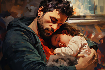 Loving dad carrying of his baby at home. Bright portrait of happy dad holding sleeping infant child on hands. Father hugging