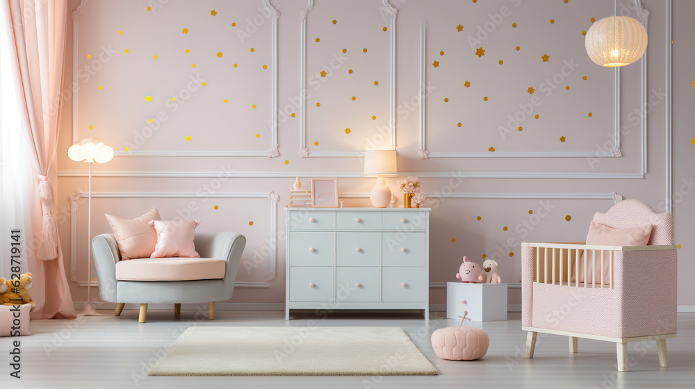 Sweet, spacious nursery room interior for a baby girl with white ...