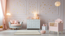 Sweet, Spacious Nursery Room Interior For A Baby Girl With White Furniture, Pastel Pink Decorations And Golden Polka Dot Wallpaper,