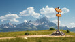 A wooden traditional direction sign in the mountains shows tourist paths directions, with high mountain peaks blurred in the sunny warm background. Embracing the concept of travel and hiking.